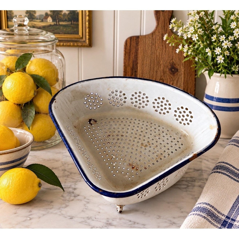 VTG Triangle Enamelware Colander Strainer White Blue Rim Farmhouse Kitchen Decor